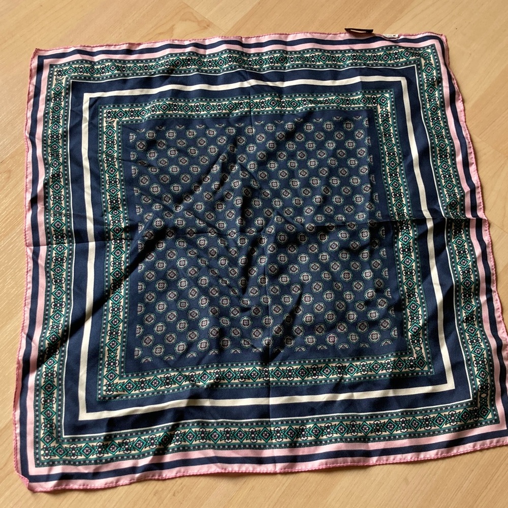 J.Crew Navy and Pink Patterned Scarf 15” x 15” made in Italy